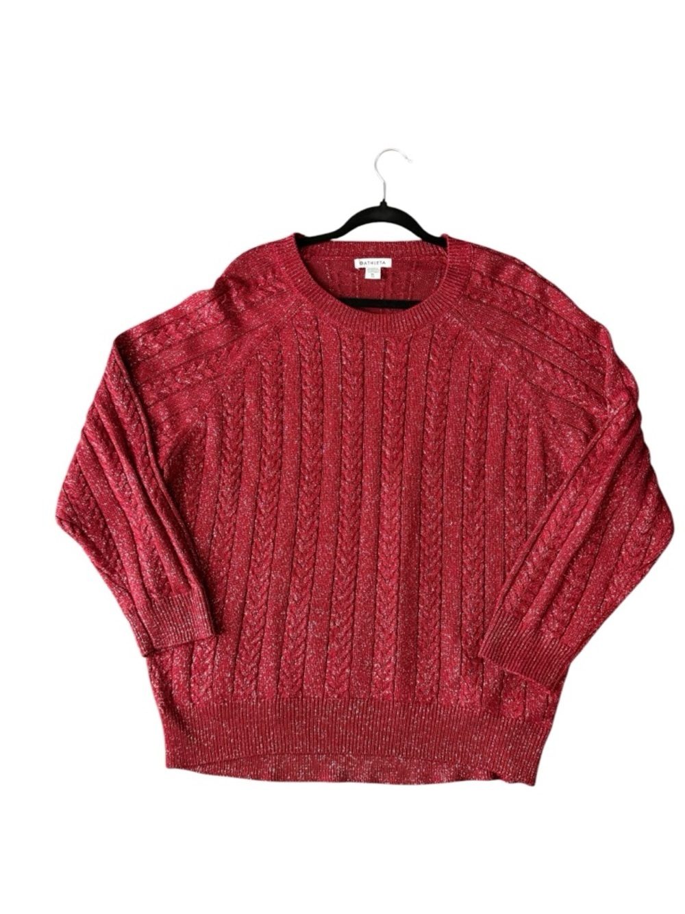 Athleta Crossroads Crew Sweater Red Metallic Cable Knit Cozy XL Holiday Luxe - Picture 10 of 14